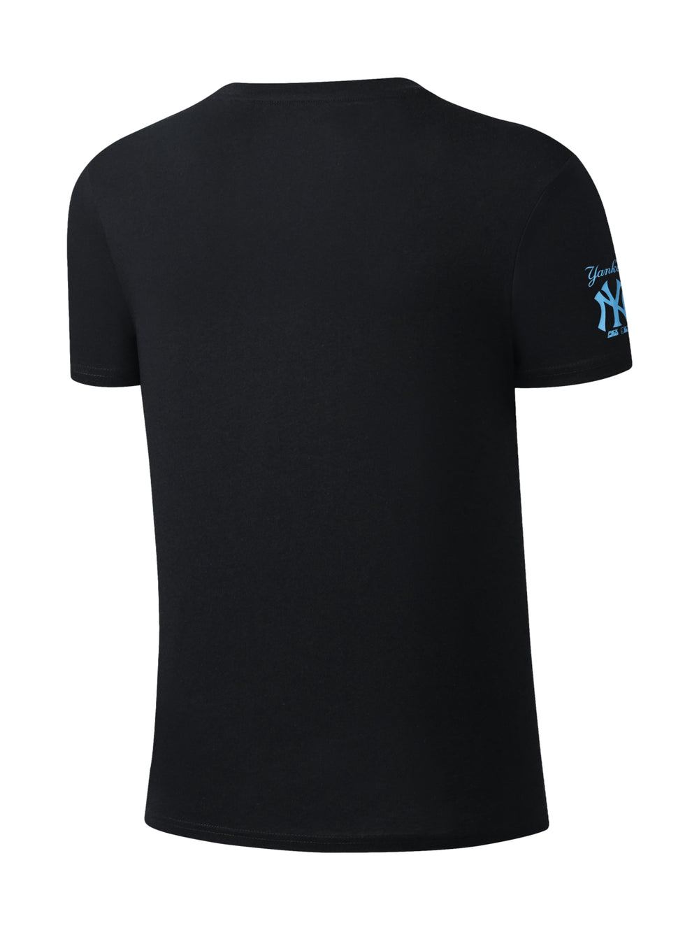 Camiseta deportiva negra de manga corta con el logotipo de los New York Yankees en blanco en el pecho.