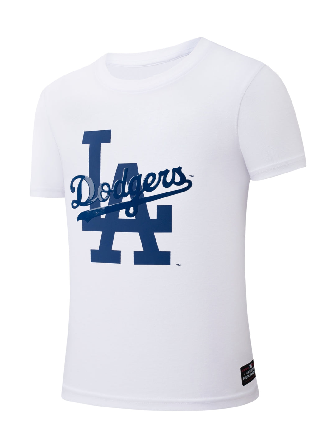 Playera blanca de manga corta con logotipo de los Dodgers de Los Ángeles en color azul.