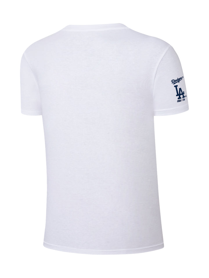 Playera blanca de manga corta con logotipo de los Dodgers de Los Ángeles en color azul.