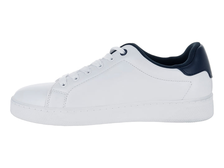 Tenis blancos Tommy Hilfiger con detalles en azul marino y suela blanca.