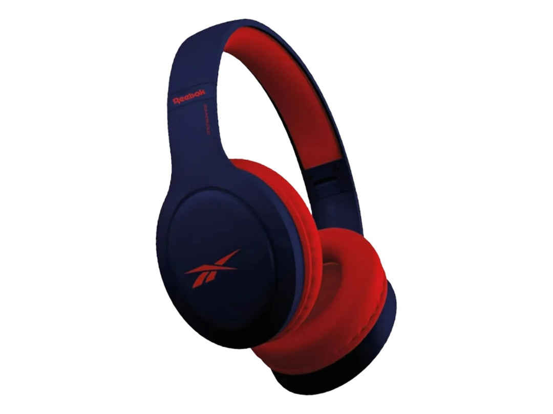 Audífonos de diadema inalámbricos Reebok en color azul con almohadillas y arco interno rojo.