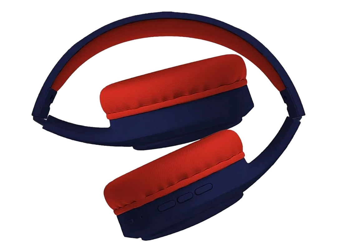 Audífonos de diadema inalámbricos Reebok en color azul con almohadillas y arco interno rojo.