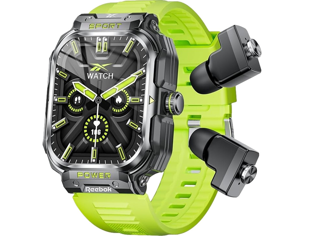 Reloj inteligente Reebok color amarillo neón y negro con audífonos inalámbricos integrados en la correa.