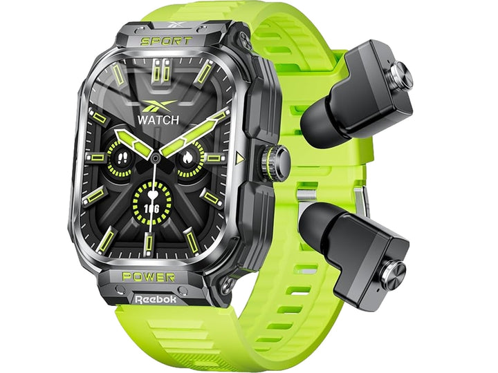 Reloj inteligente Reebok color amarillo neón y negro con audífonos inalámbricos integrados en la correa.