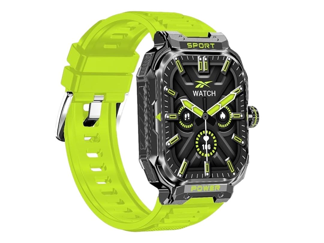 Reloj inteligente Reebok color amarillo neón y negro con audífonos inalámbricos integrados en la correa.