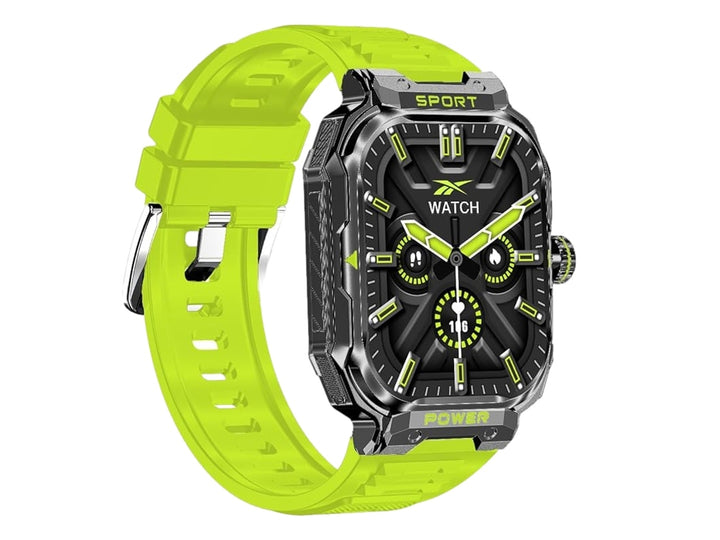 Reloj inteligente Reebok color amarillo neón y negro con audífonos inalámbricos integrados en la correa.