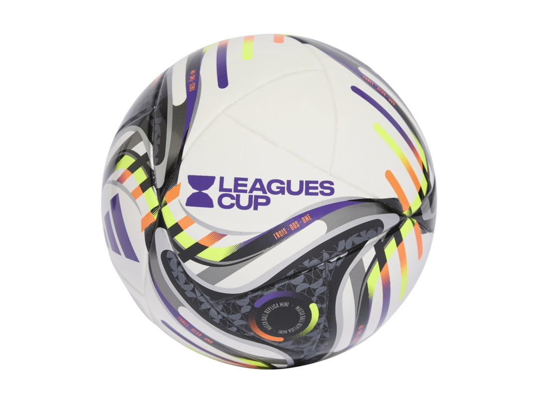 Balón de fútbol mini Adidas Leagues Cup en color blanco con detalles gráficos en morado, amarillo y naranja.