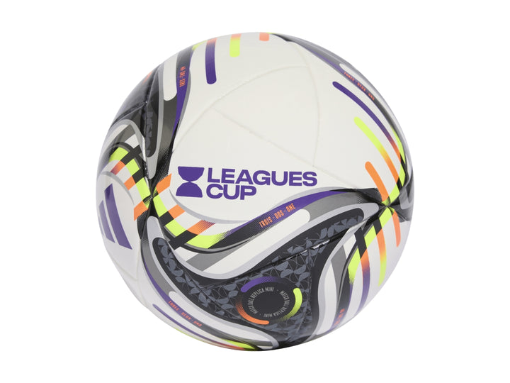 Balón de fútbol mini Adidas Leagues Cup en color blanco con detalles gráficos en morado, amarillo y naranja.