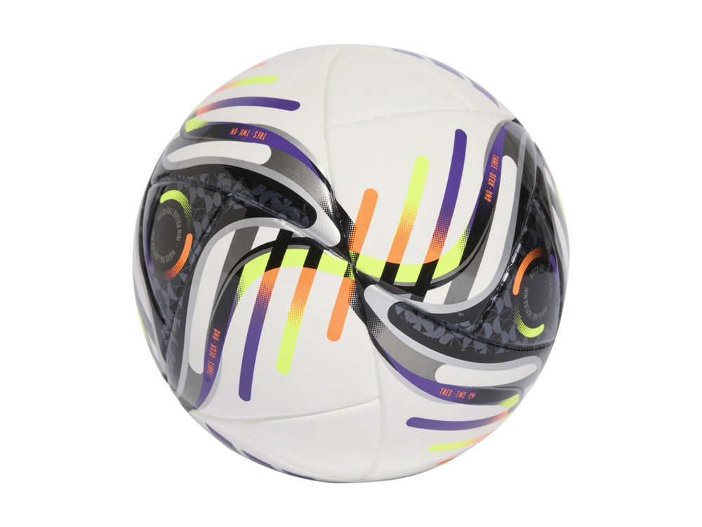 Balón de fútbol mini Adidas Leagues Cup en color blanco con detalles gráficos en morado, amarillo y naranja.