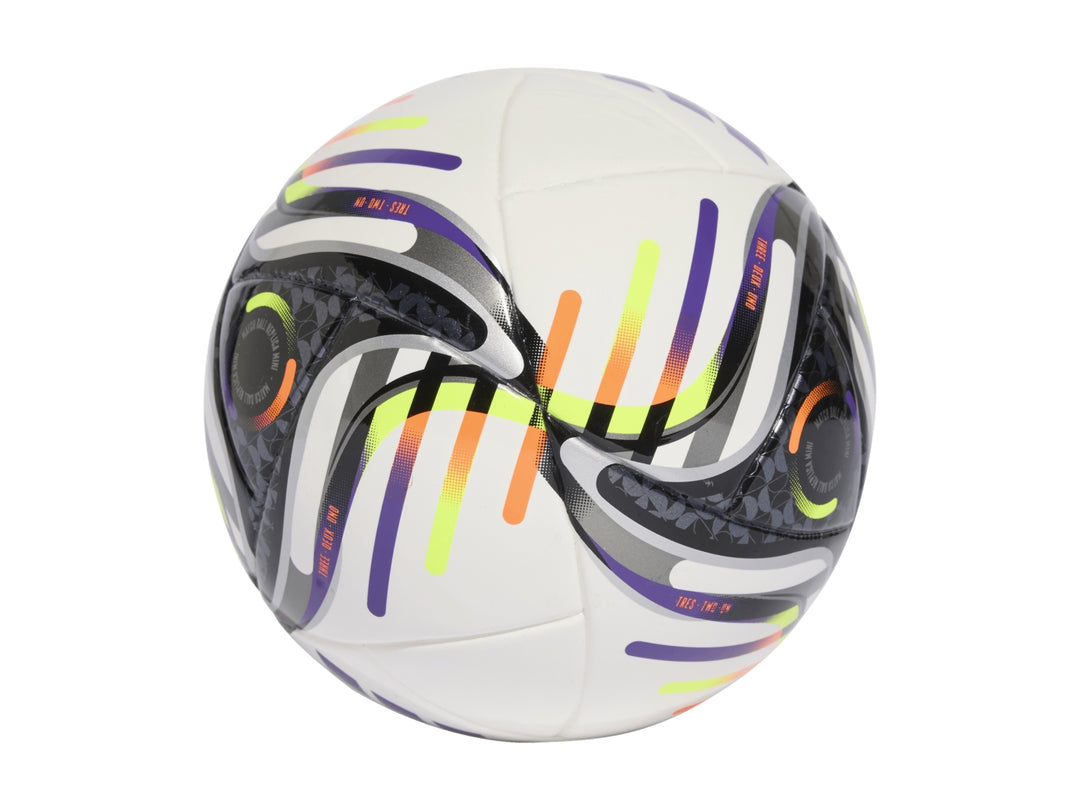 Balón de fútbol mini Adidas Leagues Cup en color blanco con detalles gráficos en morado, amarillo y naranja.