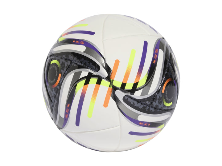 Balón de fútbol mini Adidas Leagues Cup en color blanco con detalles gráficos en morado, amarillo y naranja.