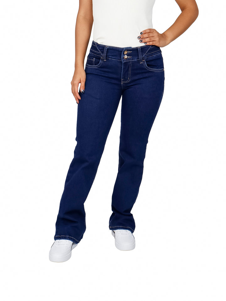 Pantalones jeans azul oscuro de corte recto para mujer.
