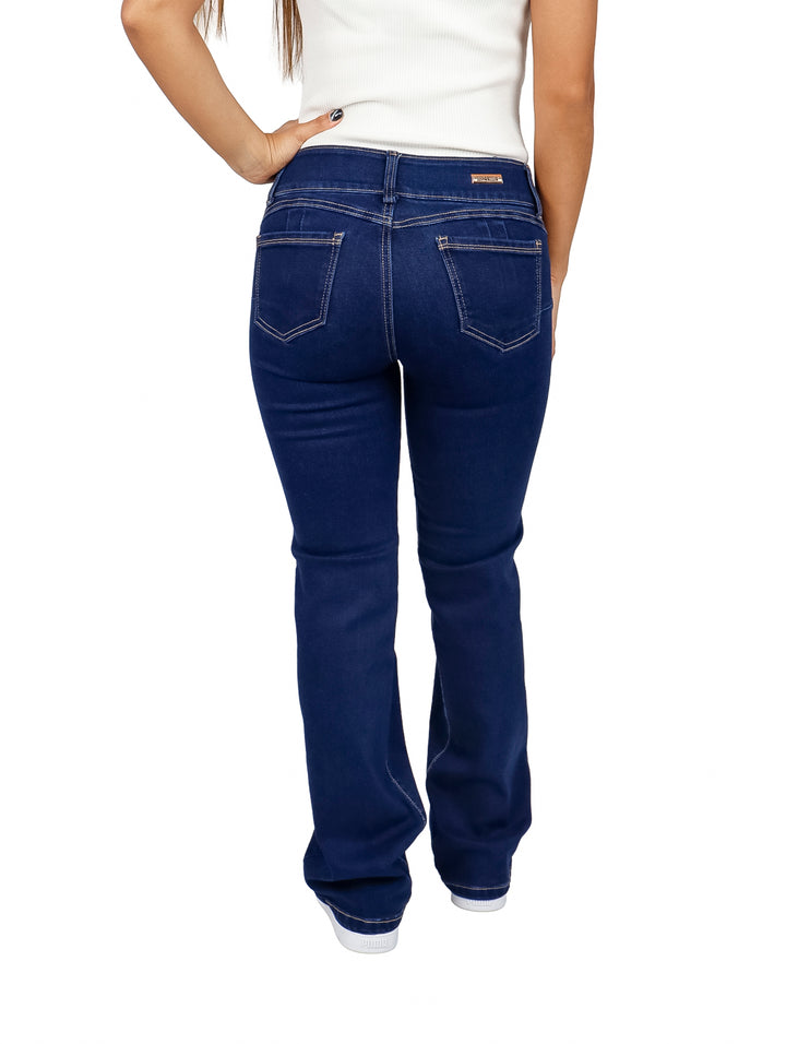 Pantalones jeans azul oscuro de corte recto para mujer.
