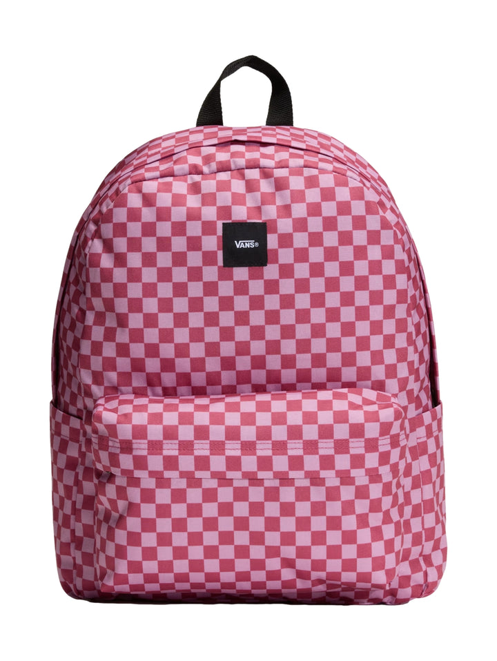 Mochila escolar Vans con estampado de cuadros en tonos rosa y morado, asa superior negra y logo frontal.