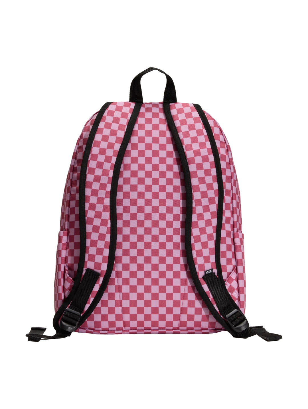 Mochila escolar Vans con estampado de cuadros en tonos rosa y morado, asa superior negra y logo frontal.