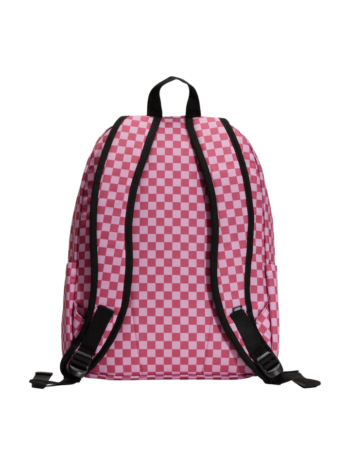 Mochila escolar Vans con estampado de cuadros en tonos rosa y morado, asa superior negra y logo frontal.