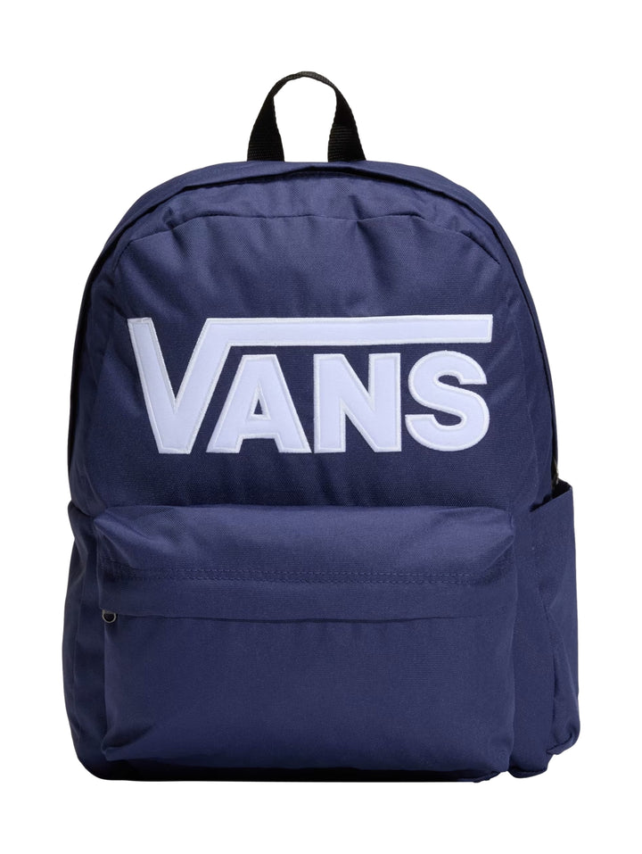Mochila escolar Vans color azul marino con logotipo blanco prominente en el centro y bolsillo frontal.