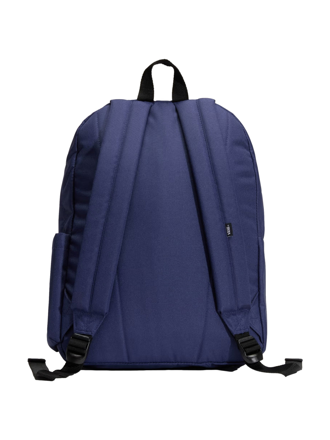 Mochila escolar Vans color azul marino con logotipo blanco prominente en el centro y bolsillo frontal.
