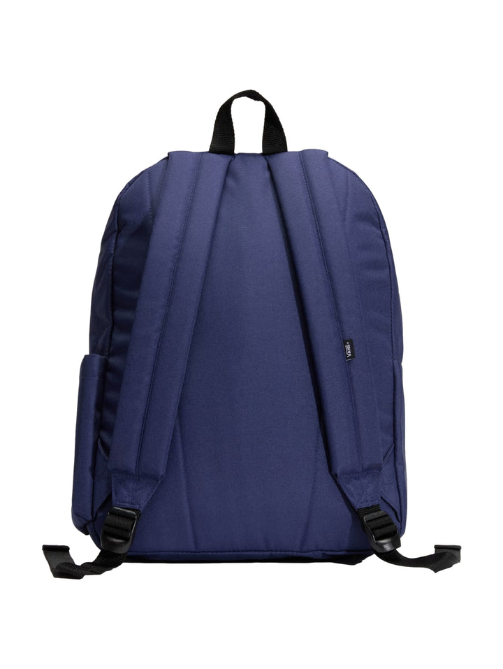 Mochila escolar Vans color azul marino con logotipo blanco prominente en el centro y bolsillo frontal.