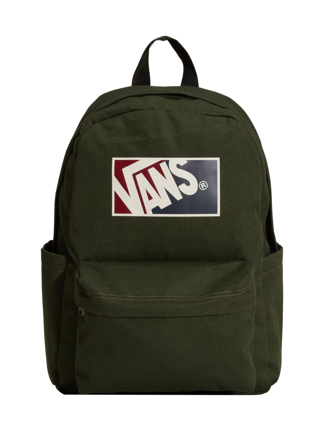 Mochila escolar VANS color verde Dried Kelp con logotipo frontal y bolsillo exterior.
