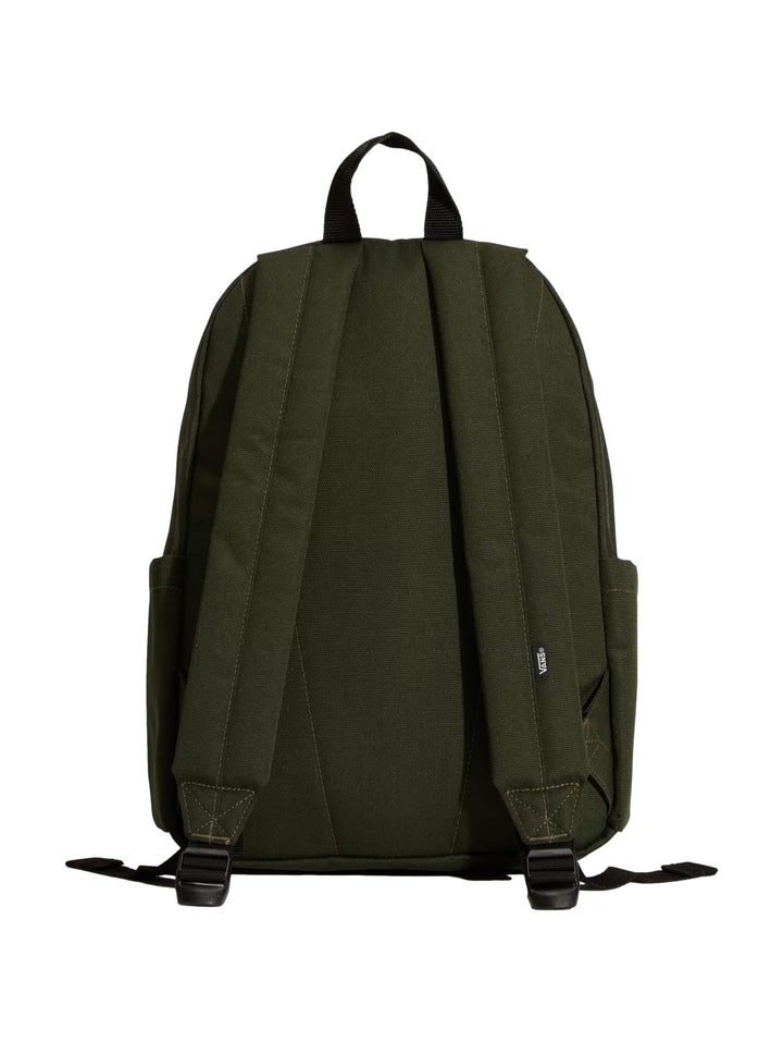Mochila escolar VANS color verde Dried Kelp con logotipo frontal y bolsillo exterior.