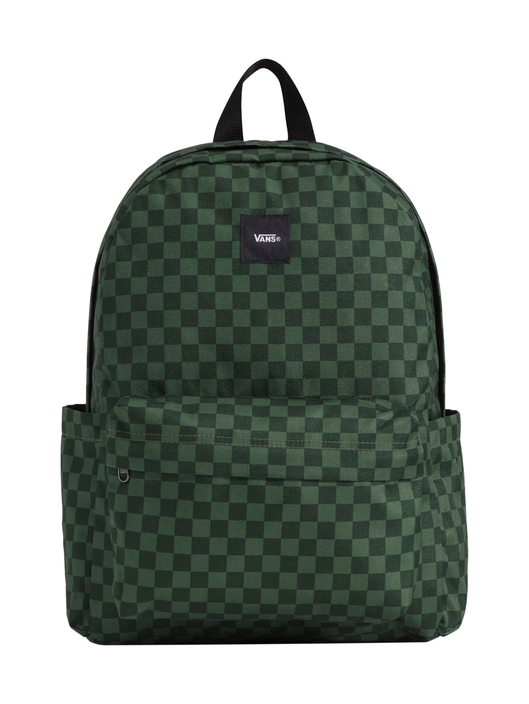 Mochila escolar Vans color verde con estampado de cuadros y logotipo frontal.