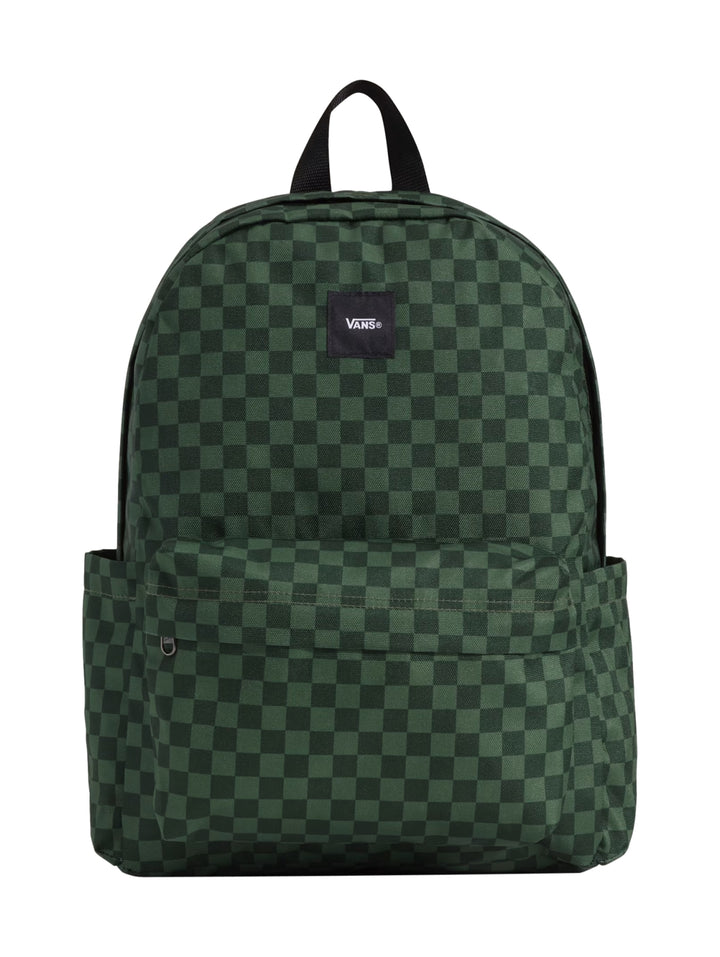 Mochila escolar Vans color verde con estampado de cuadros y logotipo frontal.