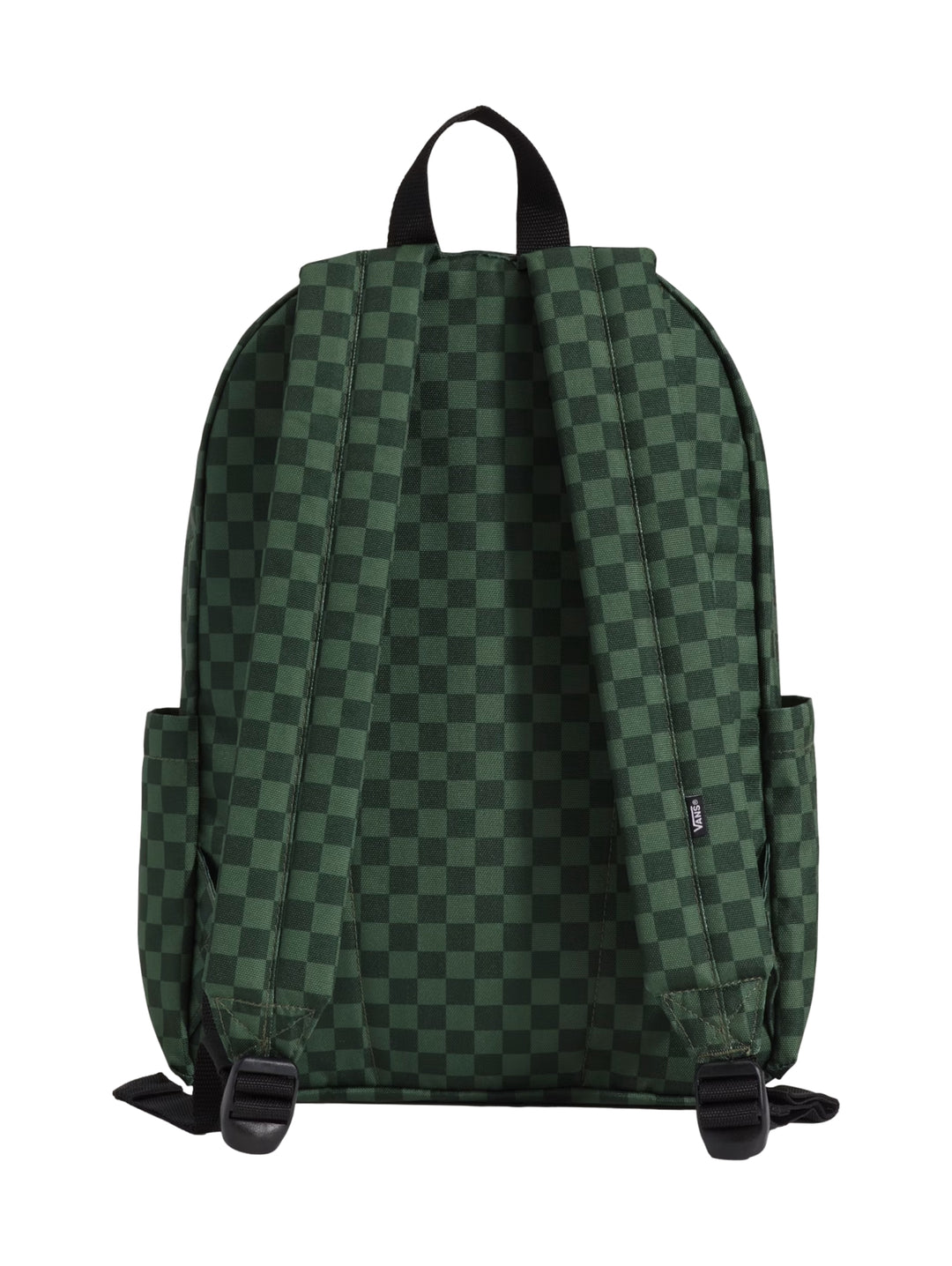 Mochila escolar Vans color verde con estampado de cuadros y logotipo frontal.