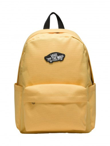Mochila escolar Vans color amarillo Banana Cream con bolsillo frontal y logotipo central negro.