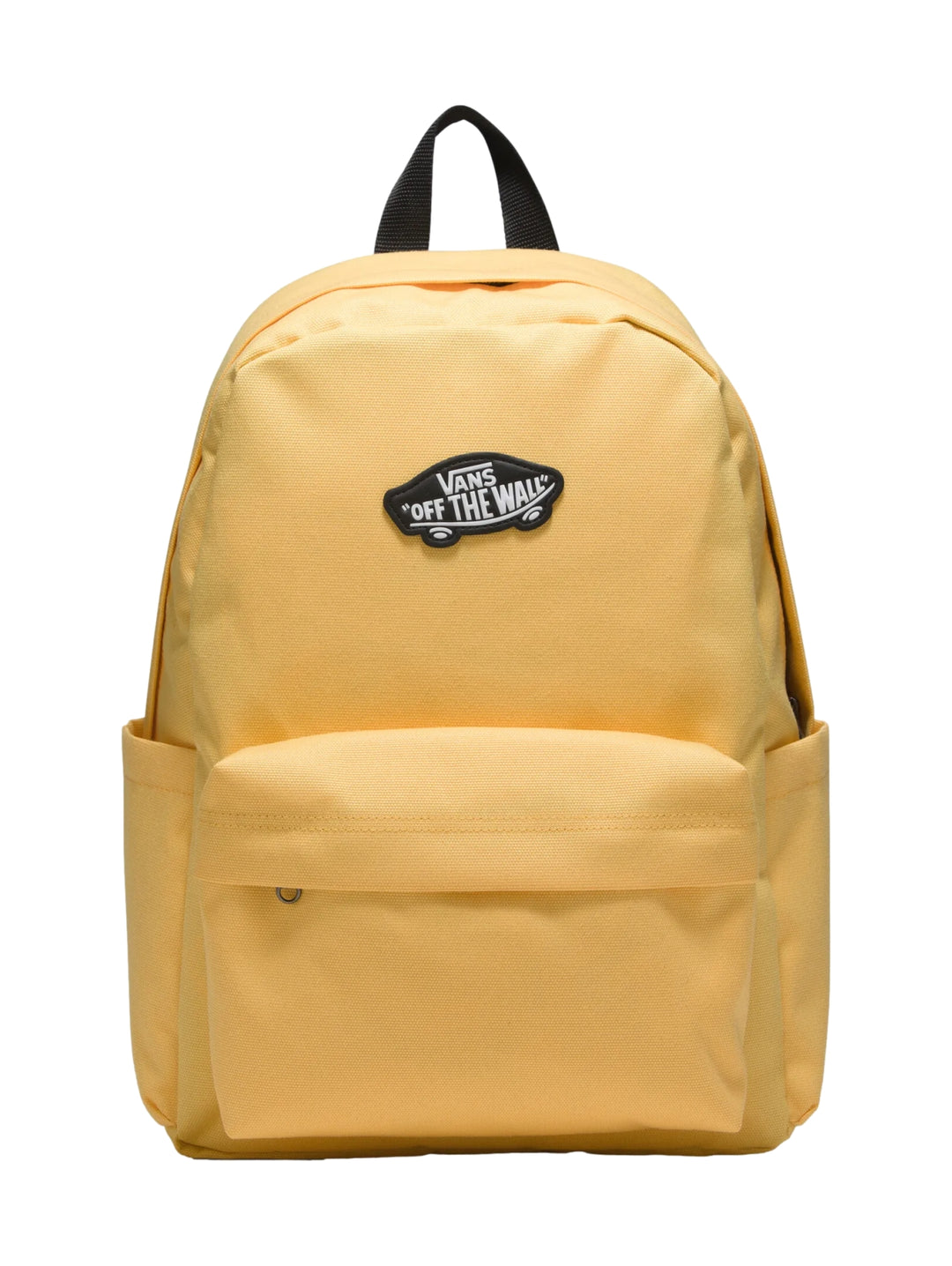 Mochila escolar Vans color amarillo Banana Cream con bolsillo frontal y logotipo central negro.