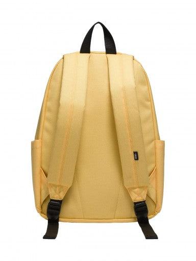 Mochila escolar Vans color amarillo Banana Cream con bolsillo frontal y logotipo central negro.