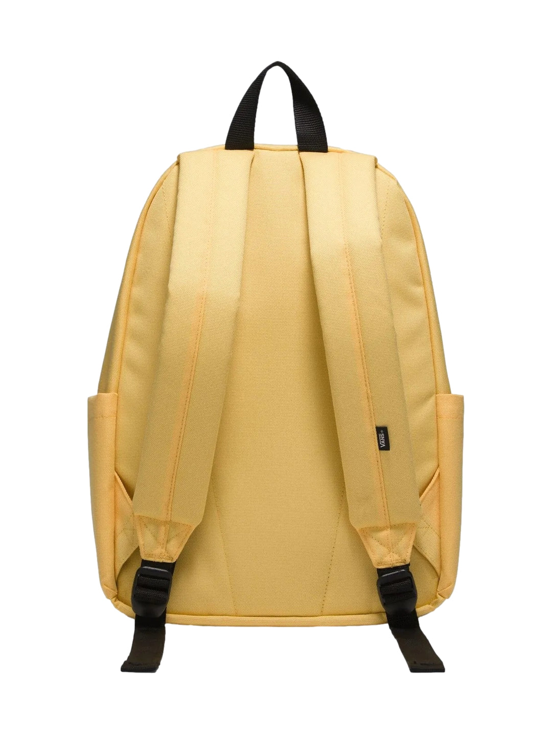 Mochila escolar Vans color amarillo Banana Cream con bolsillo frontal y logotipo central negro.