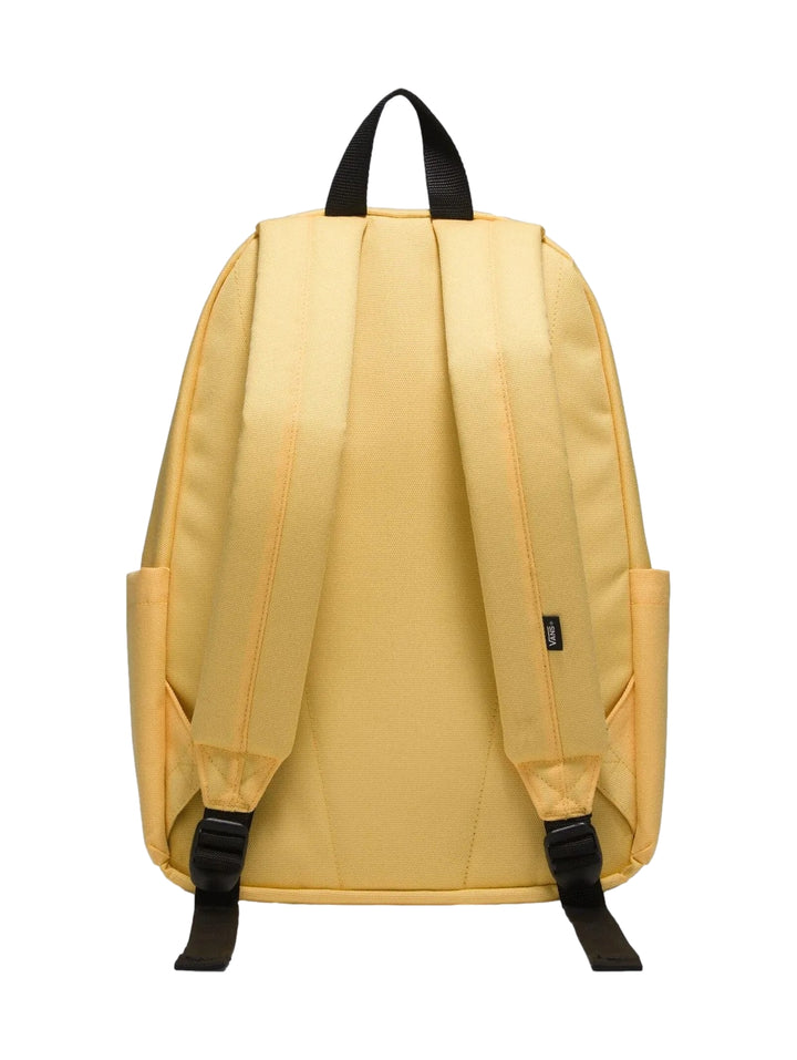 Mochila escolar Vans color amarillo Banana Cream con bolsillo frontal y logotipo central negro.