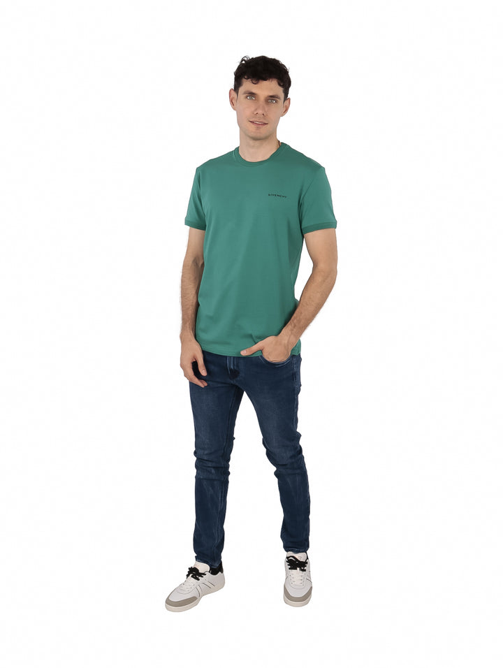 Hombre vistiendo una camiseta casual de manga corta color verde ivy con cuello redondo.