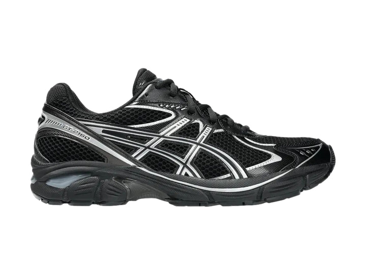 Tenis deportivos ASICS GT-2160 color negro con detalles en plata, vista lateral.