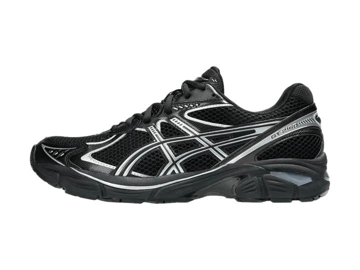 Tenis deportivos ASICS GT-2160 color negro con detalles en plata, vista lateral.