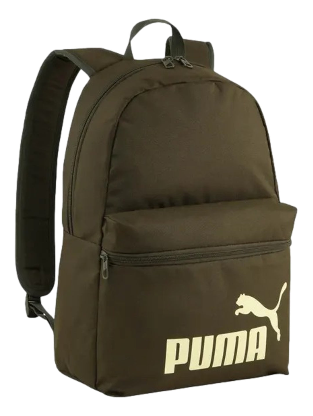 Mochila PUMA color verde oliva con logotipo dorado en la parte frontal.