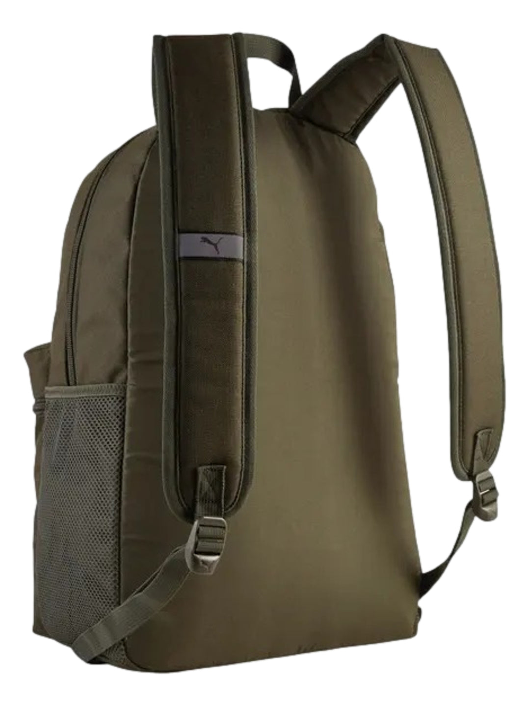 Mochila PUMA color verde oliva con logotipo dorado en la parte frontal.