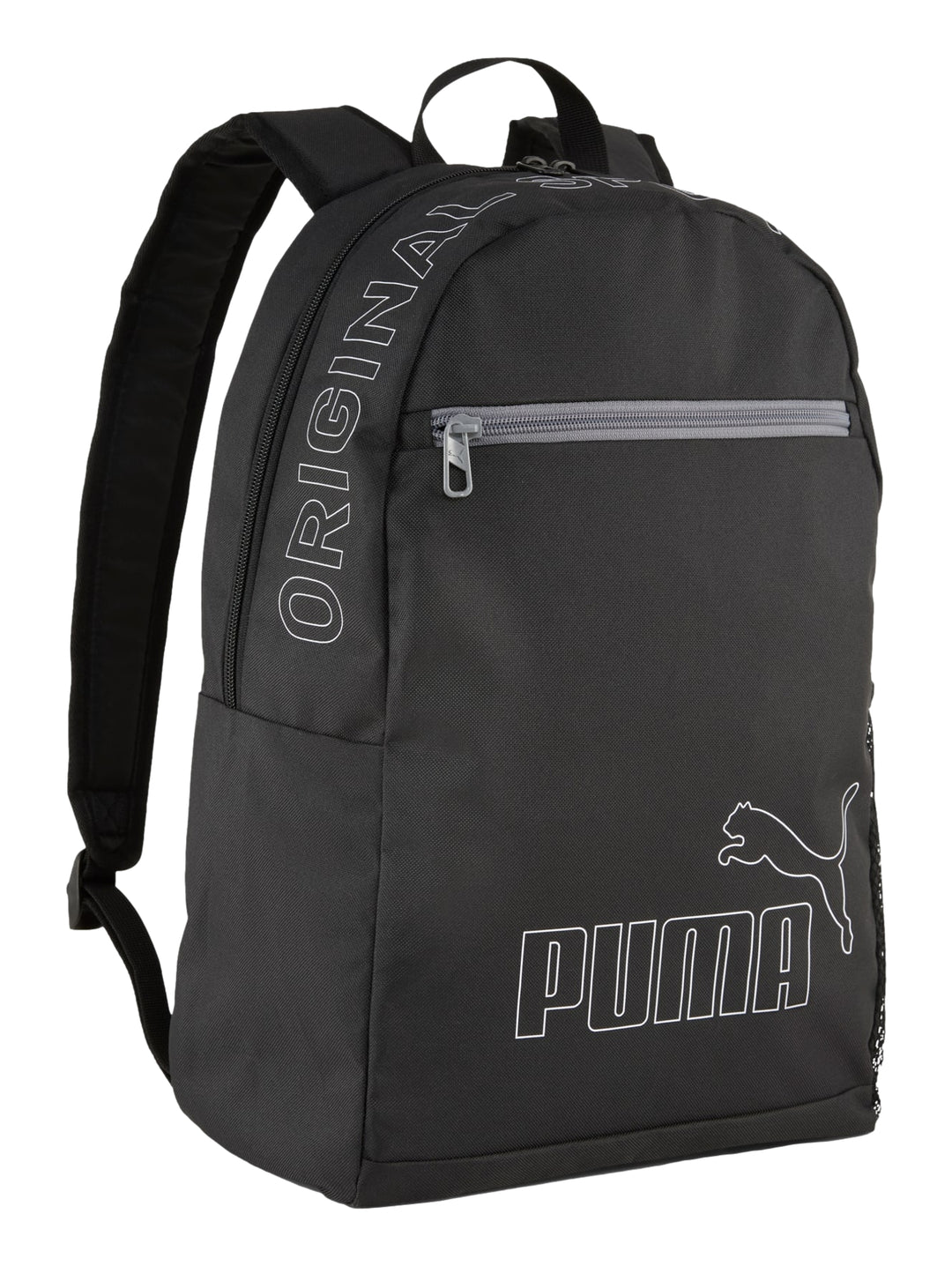 Mochila escolar PUMA color negro con detalles y logotipos en blanco.