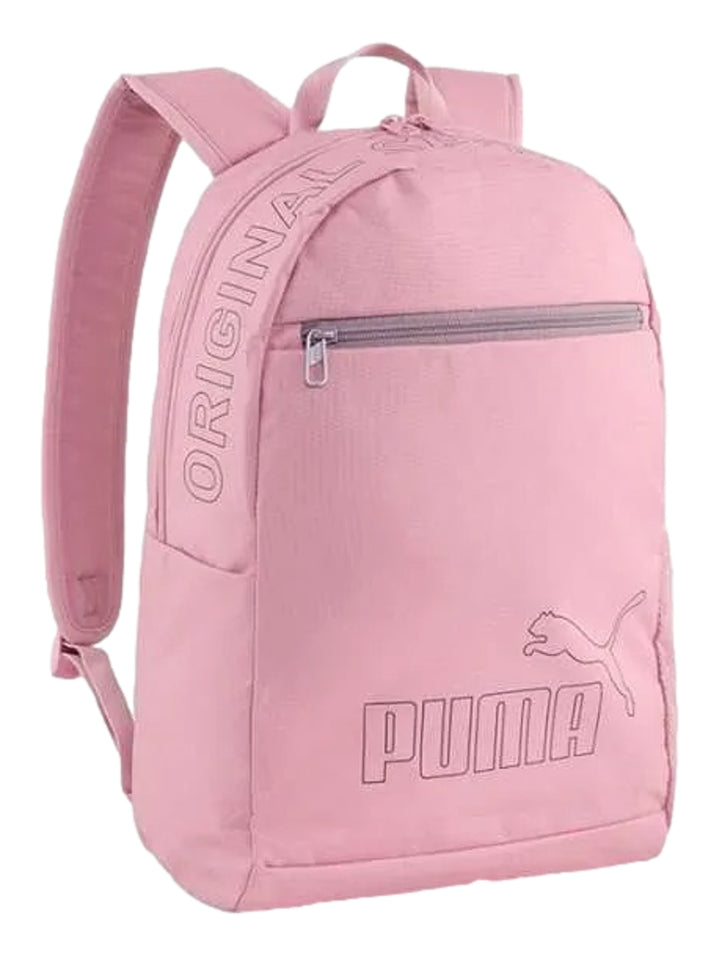 Mochila Puma Phase Backpack II color rosa con logotipo frontal y cierre superior.