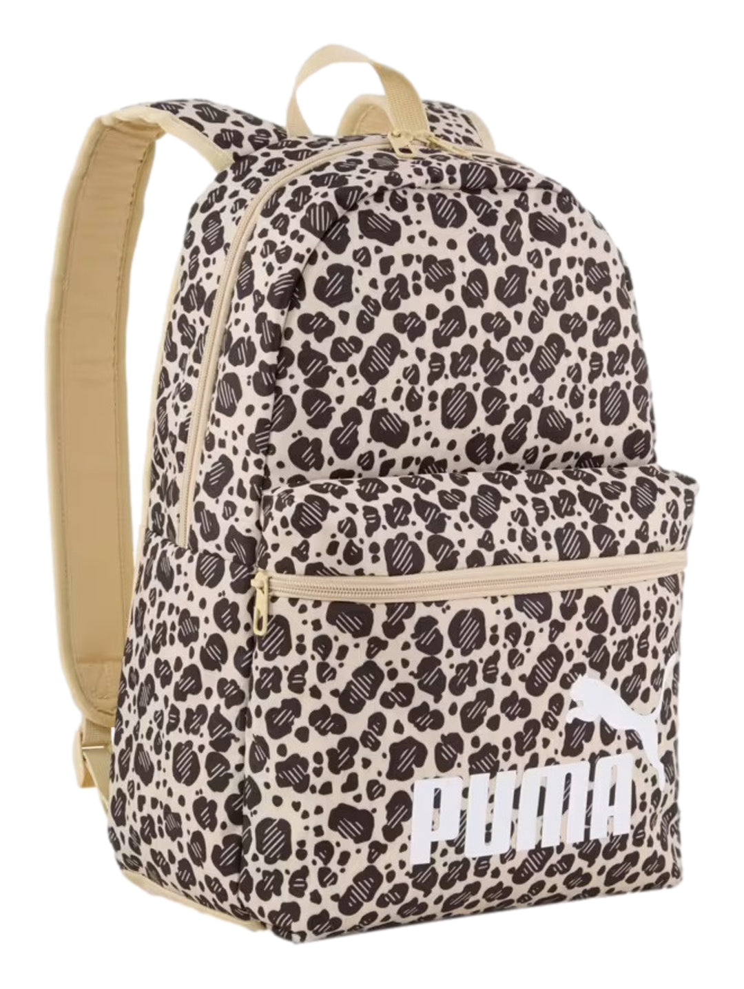 Mochila PUMA con estampado animal en tonos negro y beige y logotipo blanco frontal.