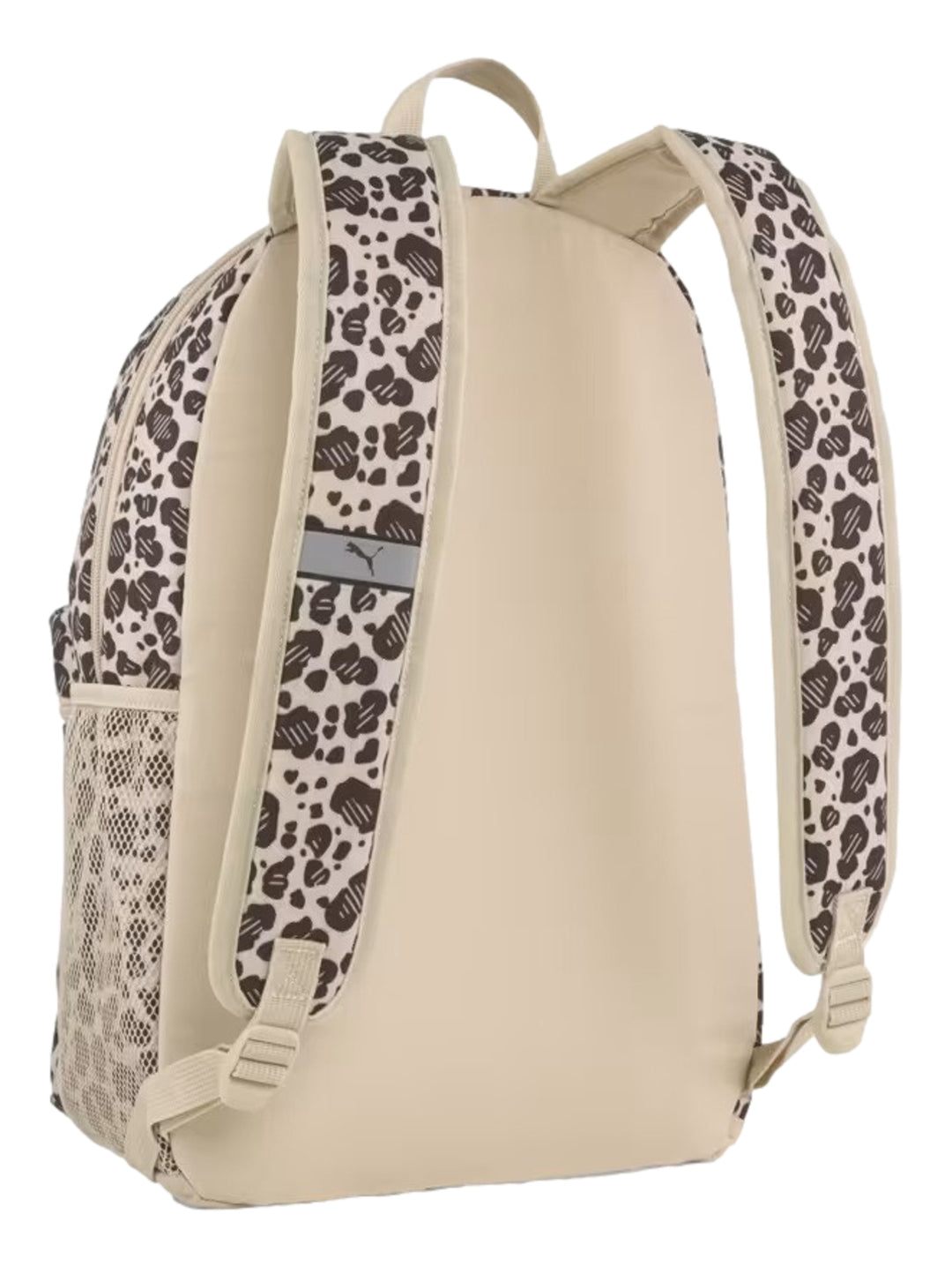 Mochila PUMA con estampado animal en tonos negro y beige y logotipo blanco frontal.