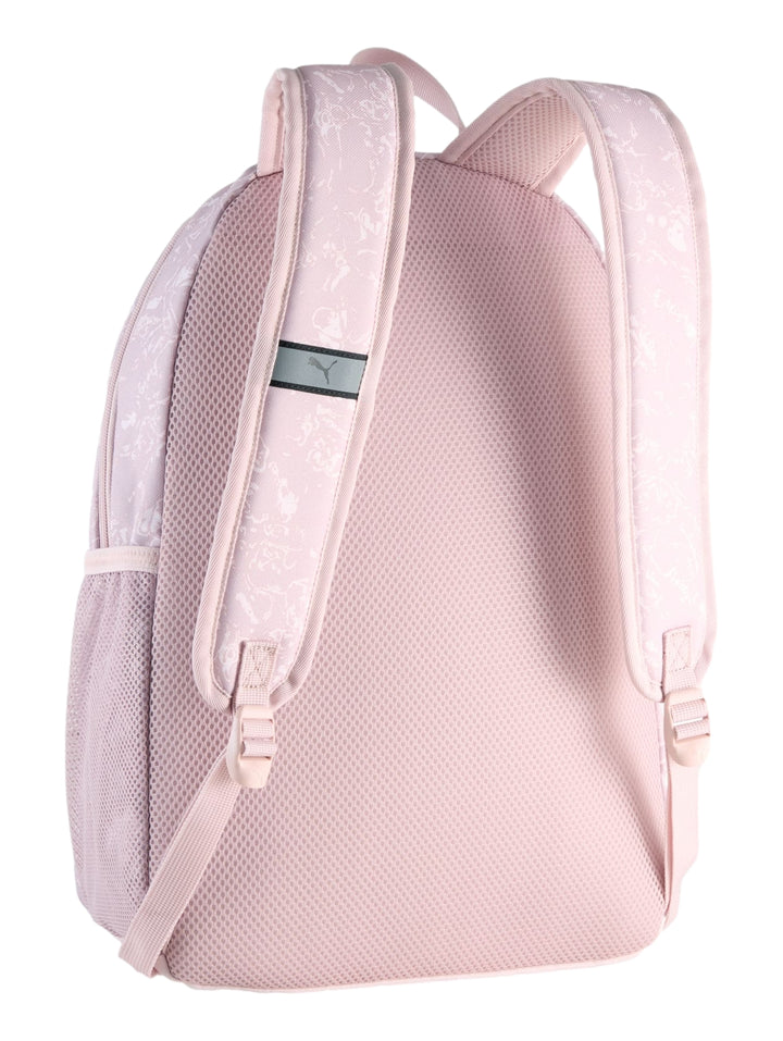 Set de mochila y estuche Puma color malva con estampado blanco y logotipo frontal.