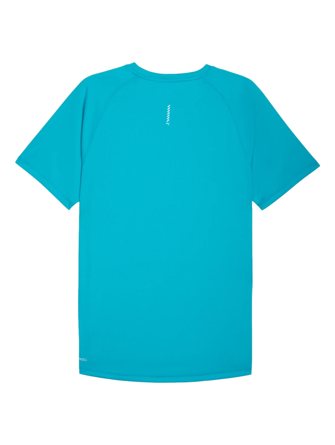 Hombre vistiendo una camiseta deportiva PUMA de color azul brillante con cuello redondo y manga corta.