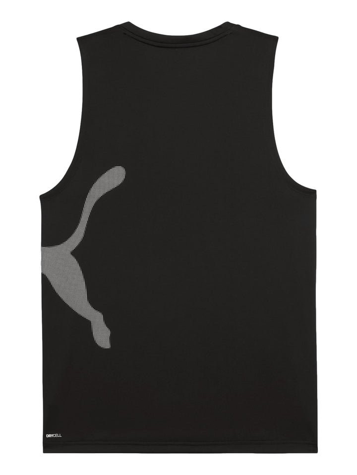 Camiseta sin mangas color negro de la marca PUMA con un logo grande en el costado.
