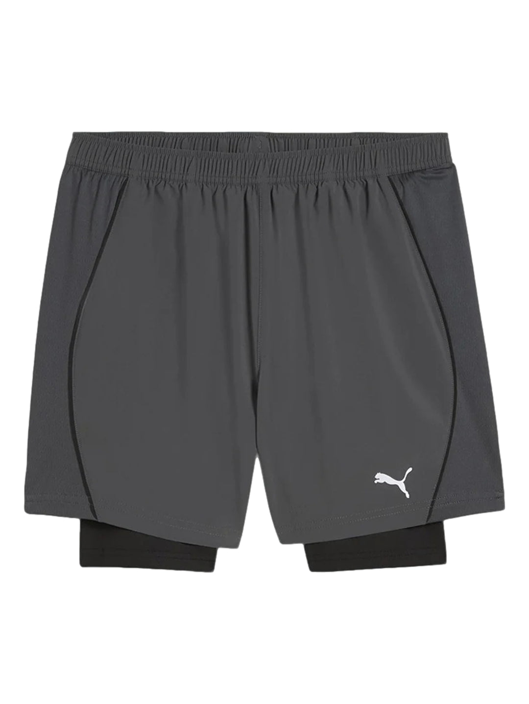 Shorts deportivos PUMA 2 en 1 en color gris oscuro con mallas interiores negras.