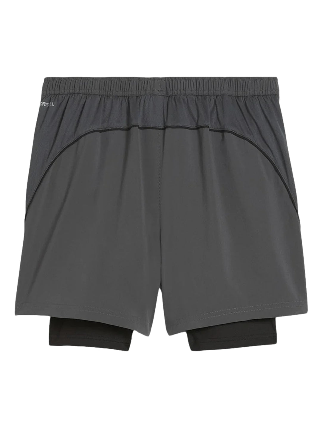 Shorts deportivos PUMA 2 en 1 en color gris oscuro con mallas interiores negras.