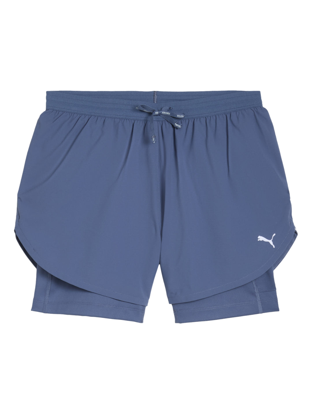 Shorts deportivos PUMA 2 en 1 color Dark Indigo para mujer, con diseño de doble capa y cintura ajustable.
