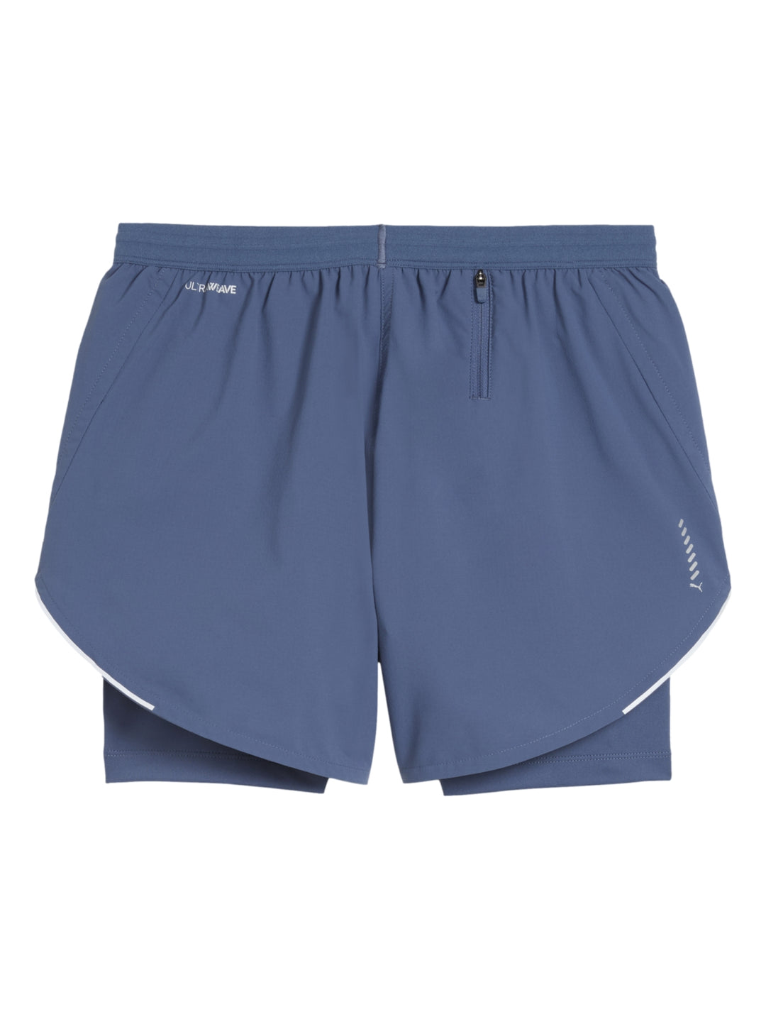 Shorts deportivos PUMA 2 en 1 color Dark Indigo para mujer, con diseño de doble capa y cintura ajustable.
