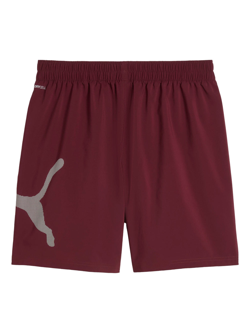 Pantalones cortos deportivos PUMA color rubí con logo grande en contraste en la pierna izquierda.